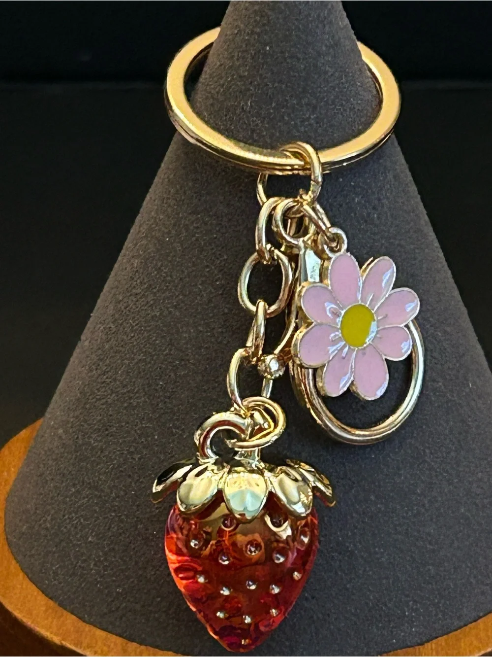 Gold-Tone & Iridescent Strawberry 🍓 & Color Enamel Flower Bag Charm Keychain NWT